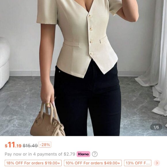 V-Neck Top Button down. Short Sleeve Beige XL Size 12 - Picture 7 of 7